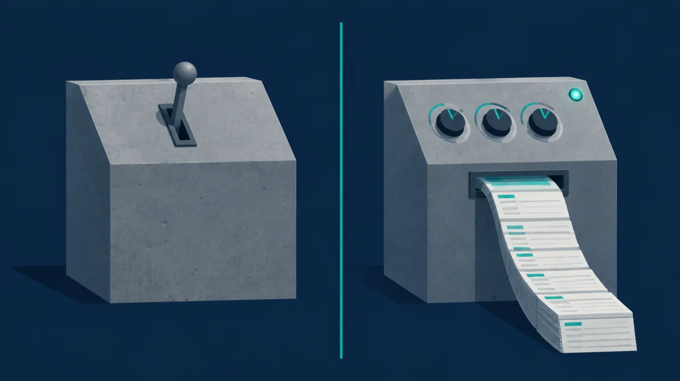 Two control panels side by side: on the left a bare console with a single lever, on the right a console with three marked positions and a trailing series of log lines