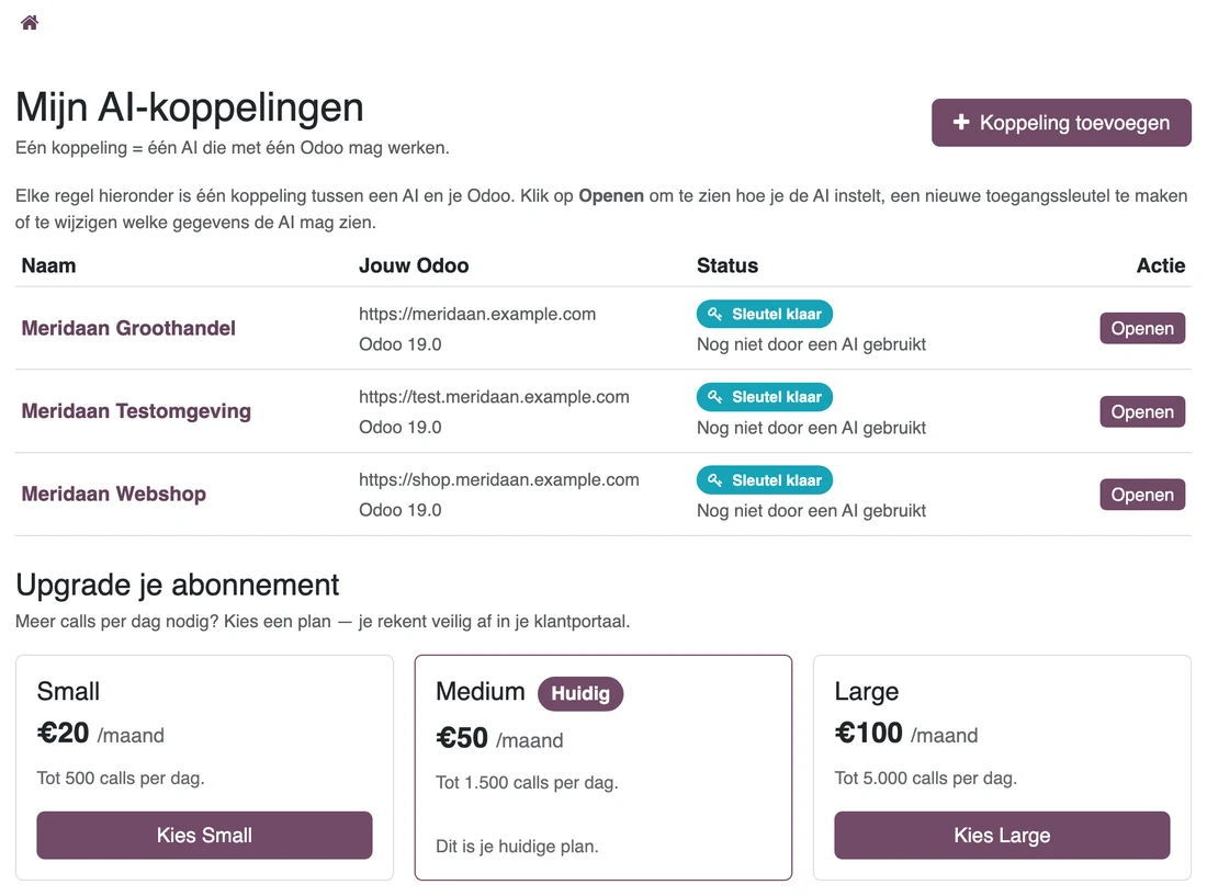 Overzicht met drie gekoppelde Odoo-omgevingen, elk met status en knop om te openen