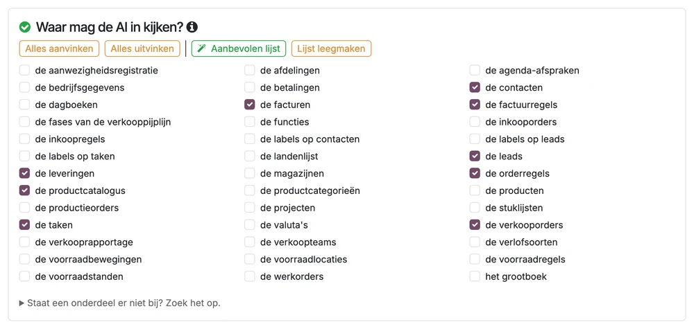 Portaalscherm met vinkjes per onderdeel van Odoo: contacten, facturen, leads, orderregels, taken